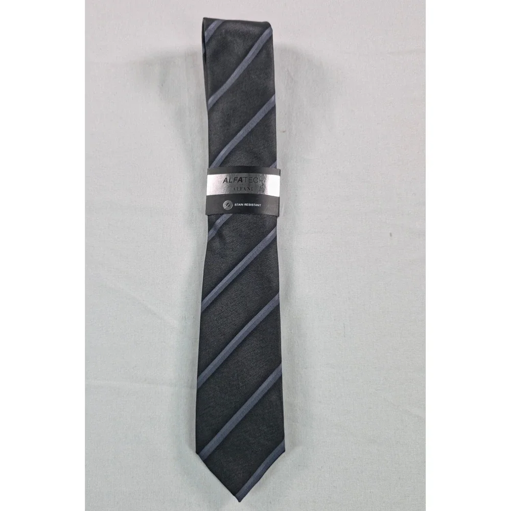 Alfani Mens Tie One Size Black Desmet Stripe Slim Necktie Quiet Luxury NWT